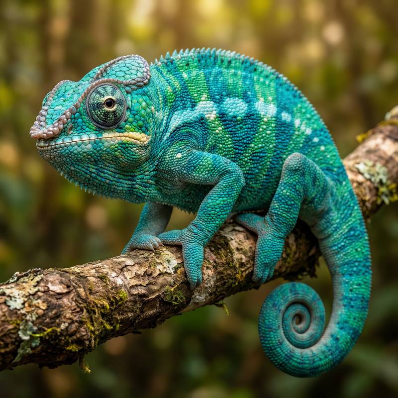 Hiperrealistyczny kameleon panterowy na gałęzi