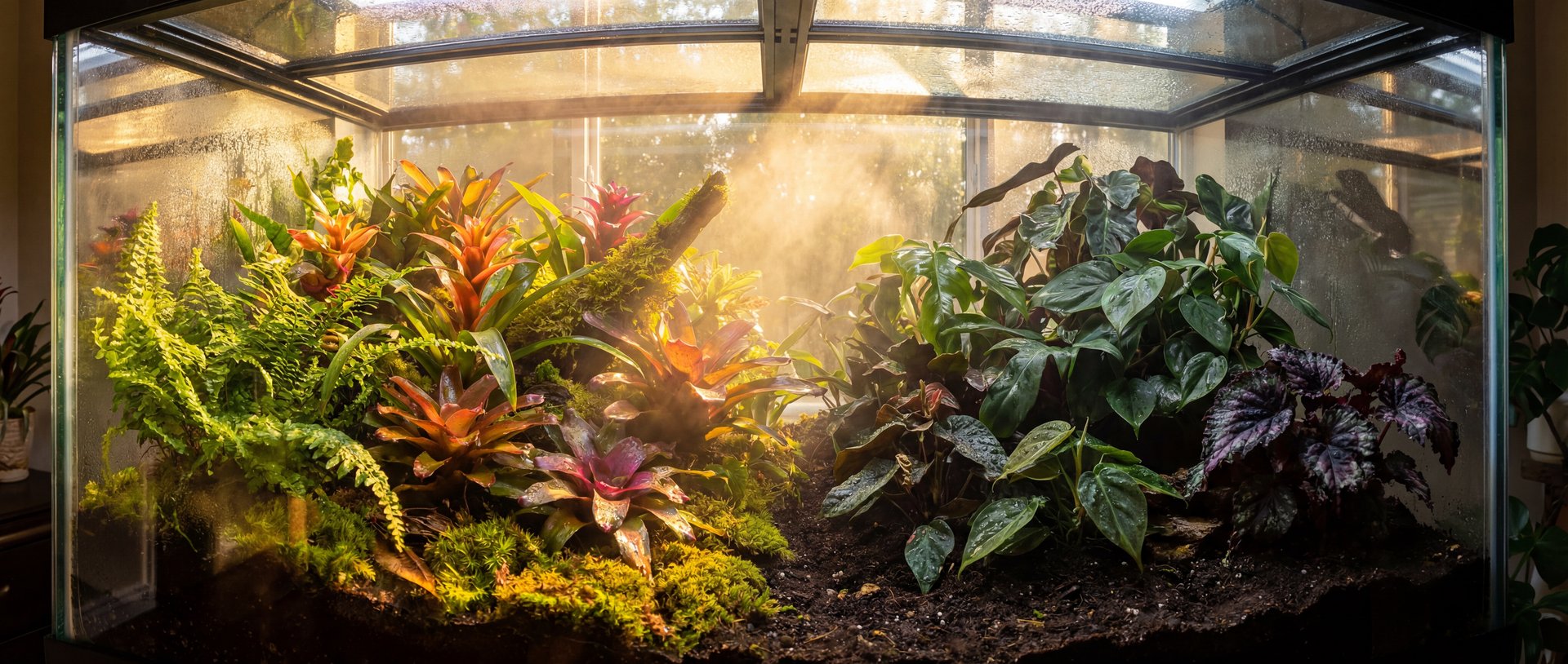 Bujne tropikalne terrarium z roślinami i ciepłym światłem